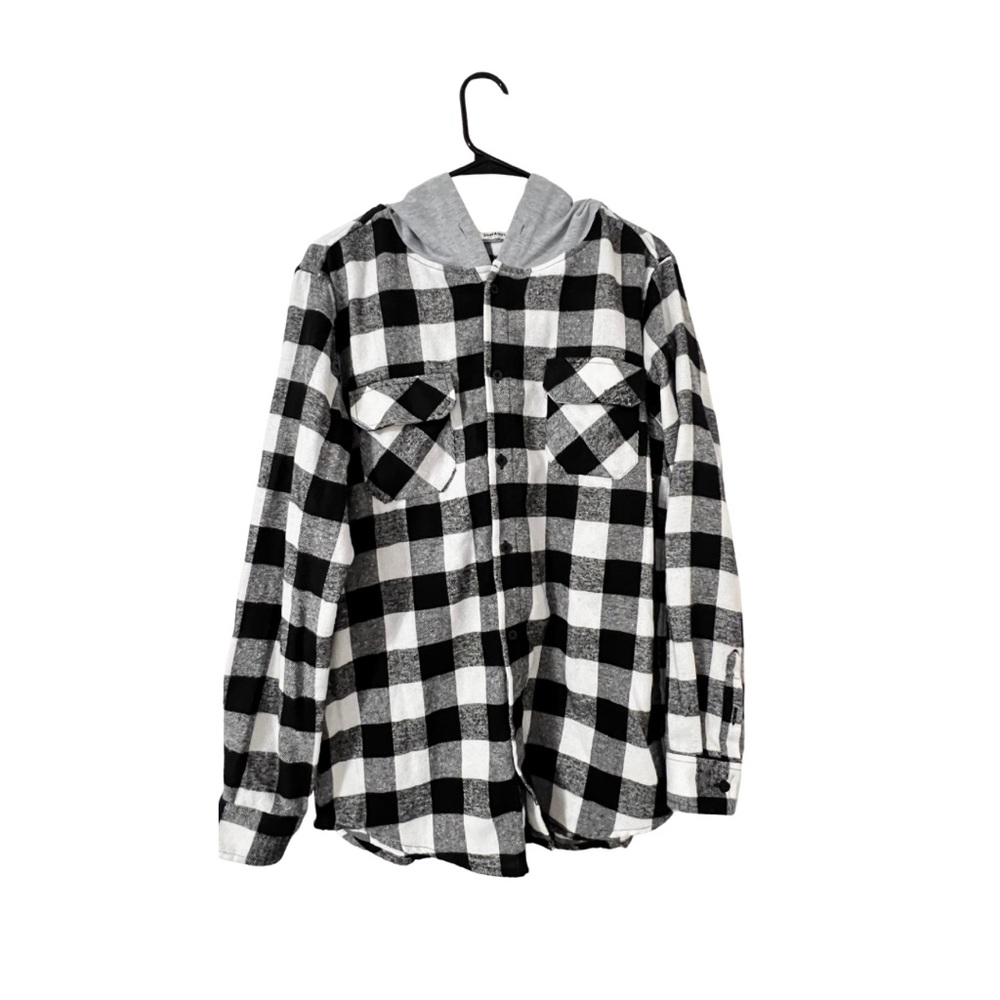 🖤 COOFANDY Black & White Plaid Flannel Shirt w/ Hood – Size M🤍